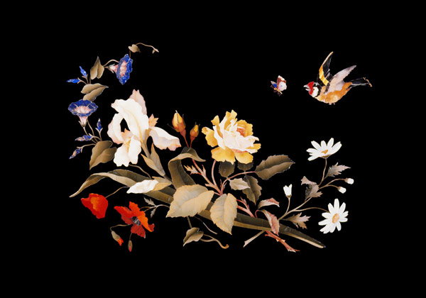 A Florentine Pietra Dura Panel, Inset With A Goldfinch Chasing A Butterfly Above A Floral Bouquet from 