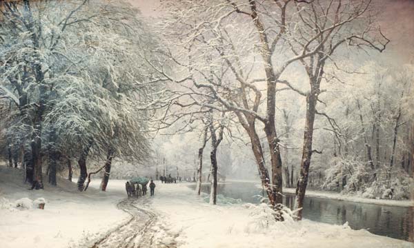 A Winter Landscape With Horses And Carts By A River from 