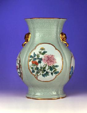 A Fine And Very Rare Famille Rose Celadon-Ground Vase With A Gilt Outlined Enamel Of Prunus And Rose