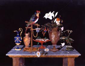 A Florentine Pietra Dura Plaque With A Parrot On Its Perch On A Table  With An Etruscan Krater Vase,