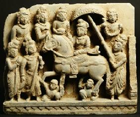 A Gandhara Style Green Steatite Relief Panel Depicting The Great Departure, Siddhartha Wearing Princ