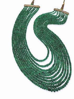 An Impressive Emerald Bead Necklace With Ten Graduated Strands Of Emerald Beads Weighing Approximate