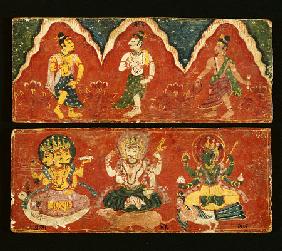 A Pair Of Nepalese Polychrome Wooden Manuscript Covers The Upper Cover Painted With Three Standing D
