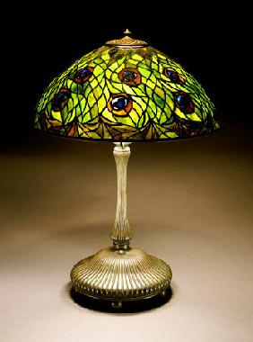 A ''Peacock'' Leaded Glass And Bronze Table Lamp
