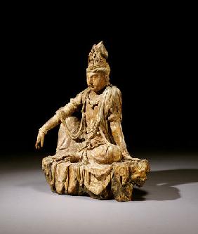 A Rare Painted Wood Figure Of Guanyin