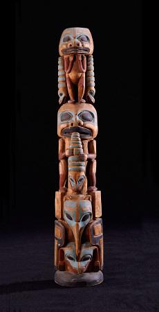 A Tlingit Wood Model Totem Pole Depicting Figures With Woodworms