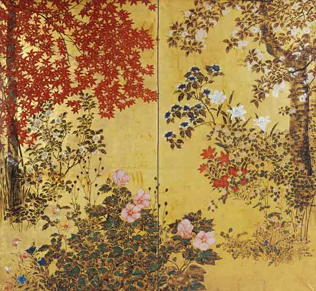 A Two Leaf Japanese Screen On Gold Paper With Maple Branches, Camellias, Hydrangeas, Cherry Flowers, from 