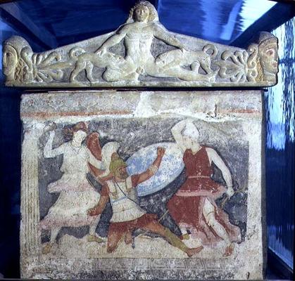 A Greek fighting two Amazons from the end of the sarcophagus of the Amazons, with Acteon torn apart from 
