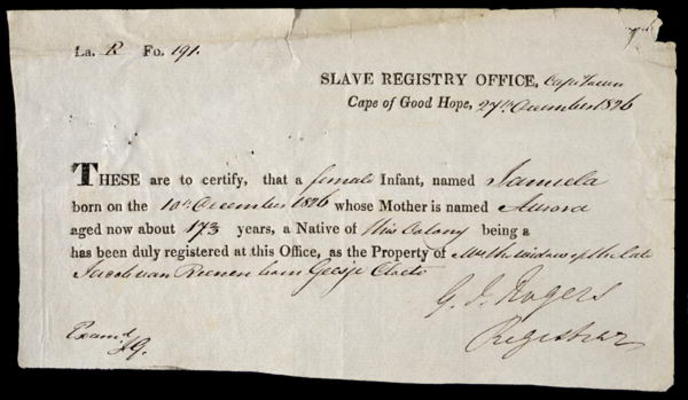 A Slave Registration Certificate, Cape Town, 27 December 1826 (pen and ink on paper) from 