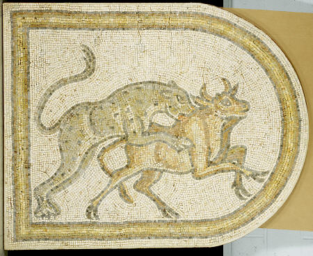 Byzantine Marble Mosaic Panel Depicting A Leopard Attacking A Bull from 