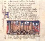 Charlemagne and soldiers in a wooden carriage, 14th century