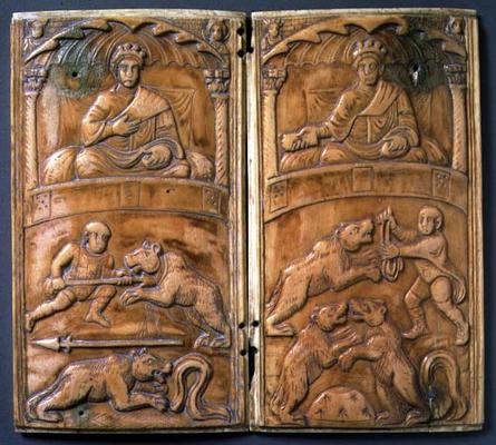 Consular diptych depicting officials presiding over bear-baiting, Roman (ivory) from 