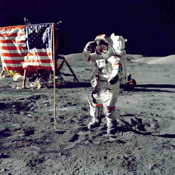 Eugene A. Cernan, Commander, Apollo 17 salutes the flag on the lunar surface during extravehicular a from 