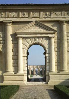 Entrance to the Loggia di Davide, looking from the Cortile D'Onore through the garden to the Exedra,