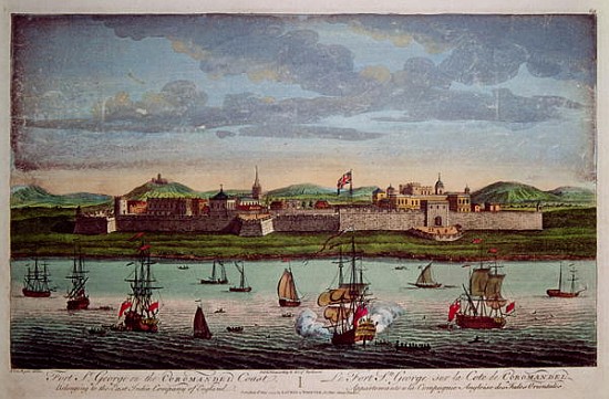 Fort St. George, Coromandel Coast, India. Coloured engraving by I Van Ryne from 