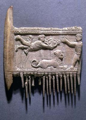 Fragment of a hair comb seen from the back with a relief depicting a religious scene, Greek (ivory) from 