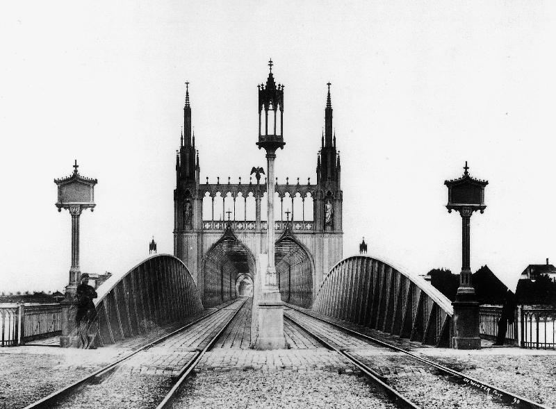 Gothic bridge and railway railroad over the Rhine in Strasbourg Alsace east of France from 