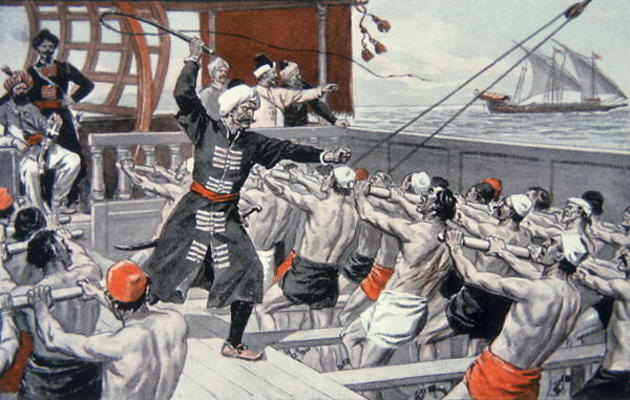 Galley Slaves of the Barbary Corsairs (coloured litho) from 