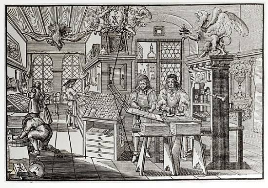 Interior of a printing works in Nuremberg, 17th century (b/w print) from 
