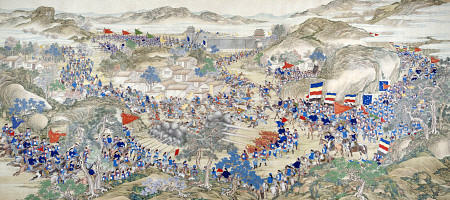 Large Handscroll Painted In Ink And Colours On Silk Depicting A Battle Scene from 