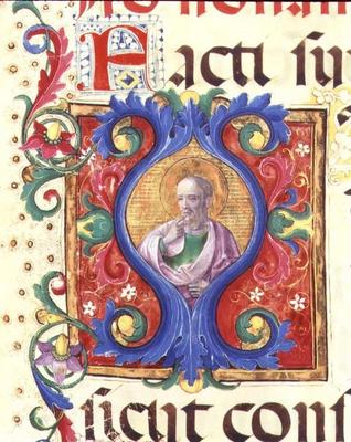 Ms 542 f.18v Historiated initial 'I' depicting a male saint from a psalter written by Don Appiano fr from 