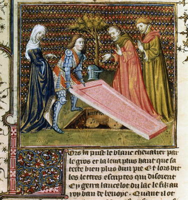 Ms.Fr.118 f.190 Lancelot lifts the stone off his own predestined grave and learns his name and paren from 