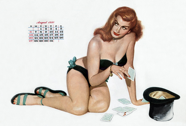Pin up taking cards in a top hat, from Esquire Girl calendar from 