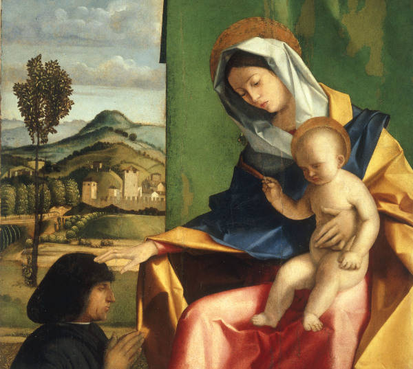 Pennacchi, Pier Maria 1464 - 1514/15. ''Mary with the Child and a donor''. Oil on wood. Venice, Ca'' from 
