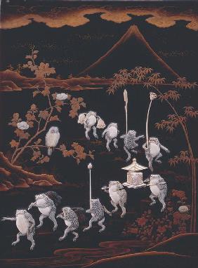 Prozession von Fröschen in japanischer Landschaft.