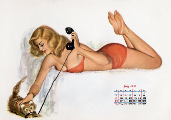 Pin up with a cat playing with phone wire, from Esquire Girl calendar from 