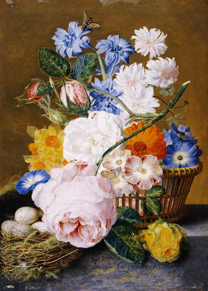 Roses, Morning Glory, Narcissi, Aster And Other Flowers In A Basket With Eggs In A Nest On A Marble from 