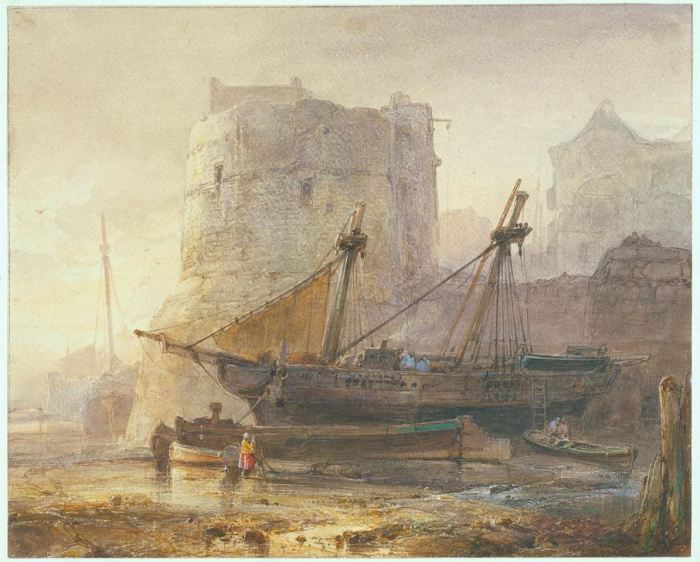 Ships at low tide in a French port from 