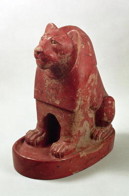 Statuette of a Lion seated on a plinth, from the temple precinct at Hierakonpolis, Egyptian, late Pr from 
