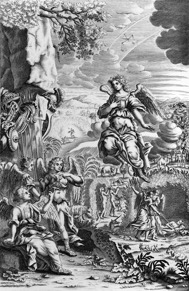 The archangel Uriel informs Gabriel that Satan is in the Garden of Eden, illustration from ''Paradis from 