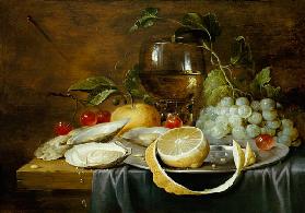 A Roemer, A Peeled Half Lemon On A Pewter Plate, Oysters, Cherries And An Orange On A Draped Table