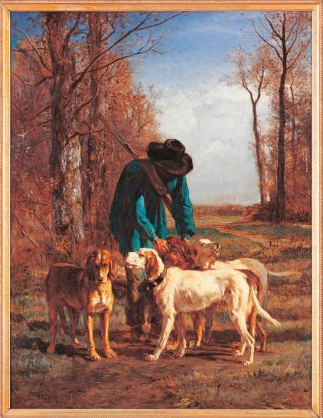 The game keeper stops near his dogs dog forest wood trail tree azure light blue brown hat rifle. from 