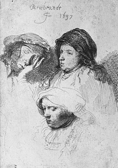 Three female heads with one sleeping from 