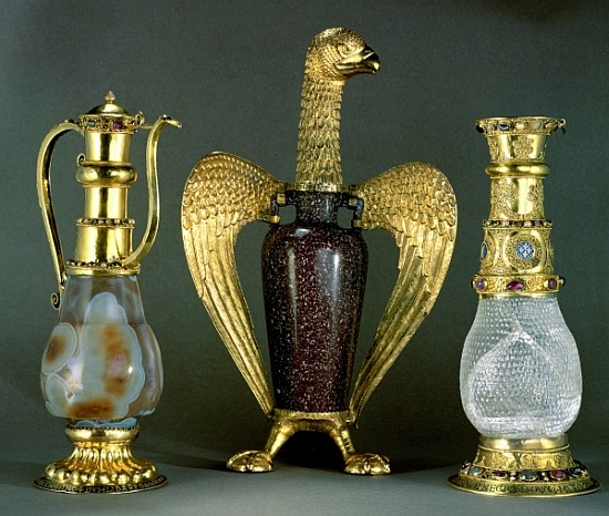 Three liturgical vessels incorporating antique vessels of sardonyx, porphyry and crystal set in 12th from 