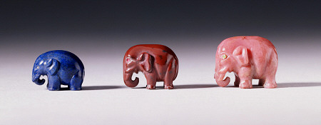 Three Miniature Elephant Figures Carved From Lapis Lazuli, Jasper And Rhodonite from 