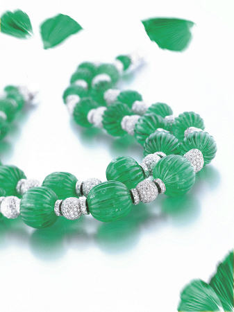 Two Magnificent Fluted Emerald Bead And Diamond Necklaces Comprising Seventeen And Fifteen Fluted Em from 