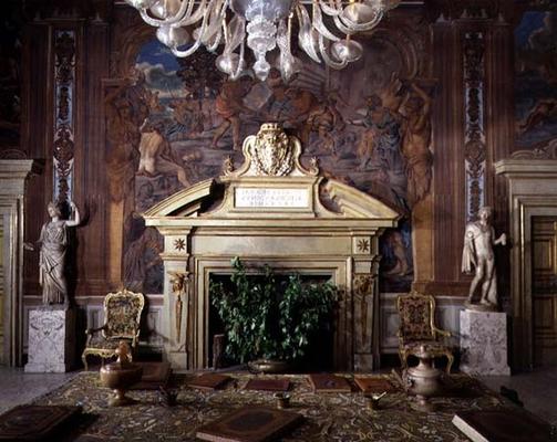 The entrance hall, detail of the fireplace decorated with the coat of arms of Cardinal Pietro Aldobr from 