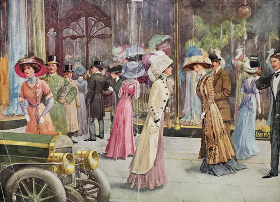 The Exterior of Harrod's Department Store, Fashion Plate, 1909 (chromolitho) from 