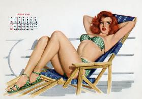 Pin up in bikini on a deckchair on a boat, tanning, from Esquire Girl calendar