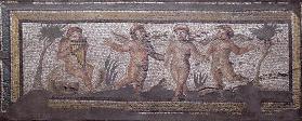 Three dancing putti accompanied by one playing the pan pipes, border detail from a mosaic pavement d