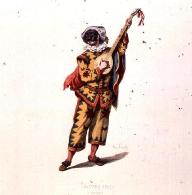 Trivelino, Character from the Commedia dell'Arte, by Sand, 19th century (coloured engraving) (see al from 