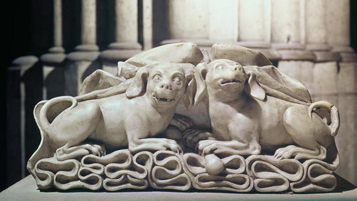 Two dogs seated on folds of a tomb, 12th century (marble) from 