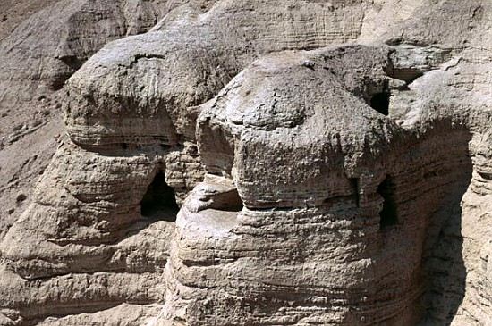 View of the Qumran Caves, where the Dead Sea Scrolls were discovered in 1947 Qumran, Israel from 
