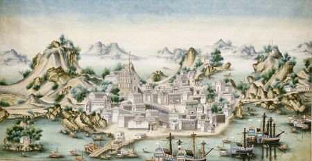 View Of Macao, Looking East With European Figures And Shipping In The Foreground from 