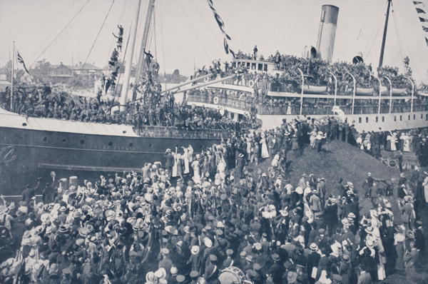 Volunteer Canadian troops embarking at Victoria, British Columbia, Canada (b/w photo)  from 