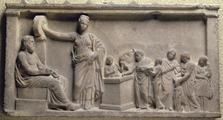 Votive relief depicting a family sacrificing a bull to Asclepius, the god of health and his daughter from 